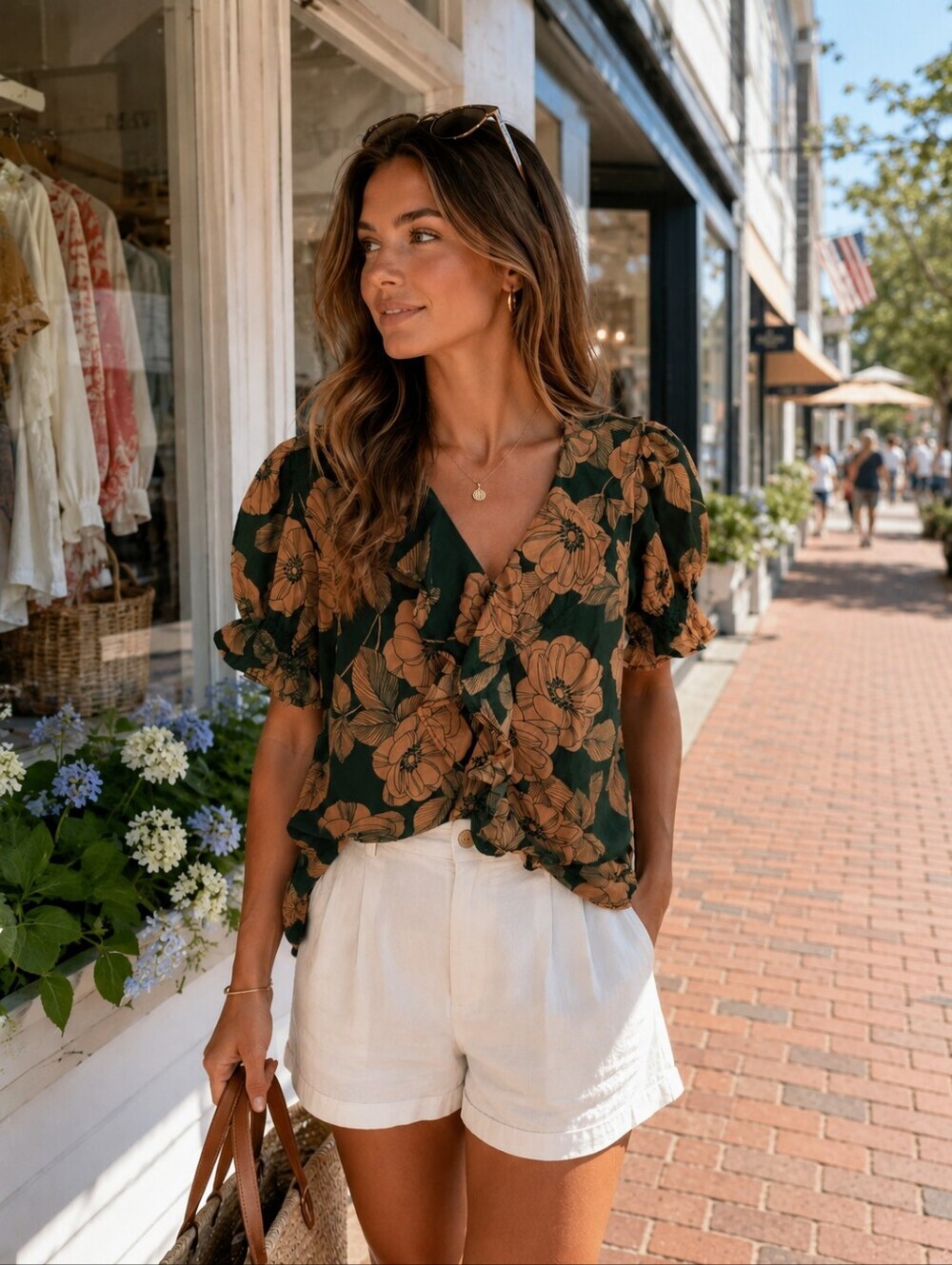 Vineyard Vines Martha's Vineyard Green Floral Ruffle V-Neck Blouse Size Medium